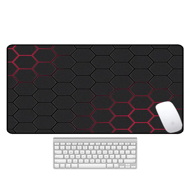 Large natural rubber desk mat with printed pattern, shown on a desk with keyboard and mouse.