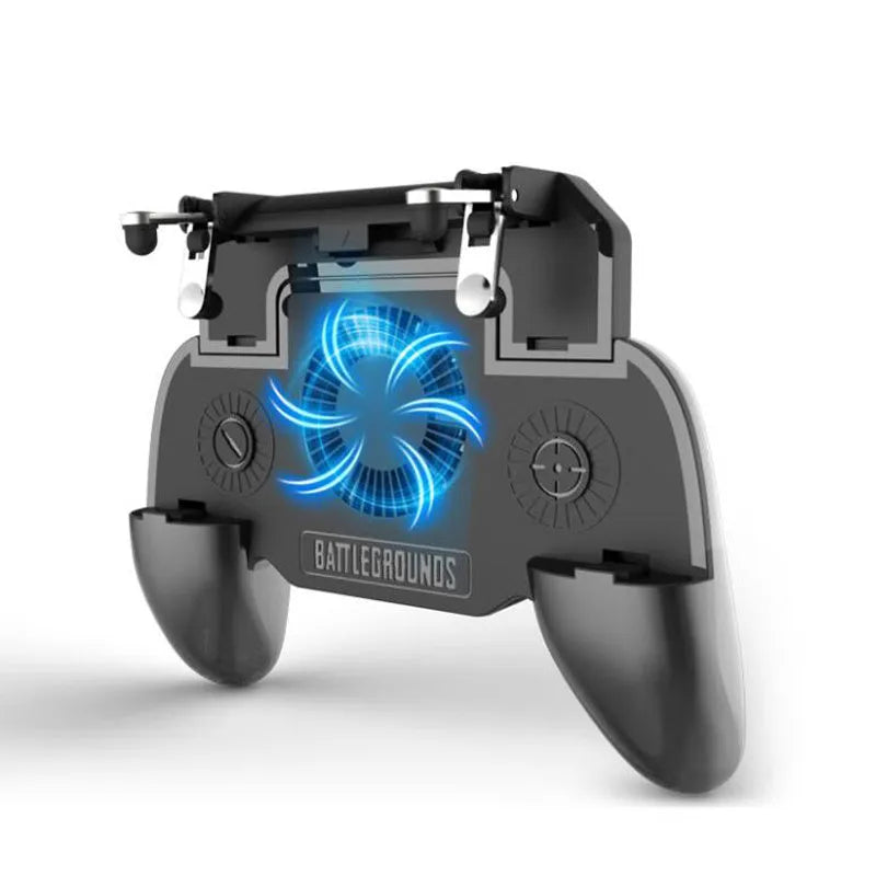 Black USB Type-C mobile game controller for smartphones with grip buttons and cooling vents.