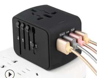 Multi-function universal travel socket adapter with USB ports, black, 66x53x52 mm