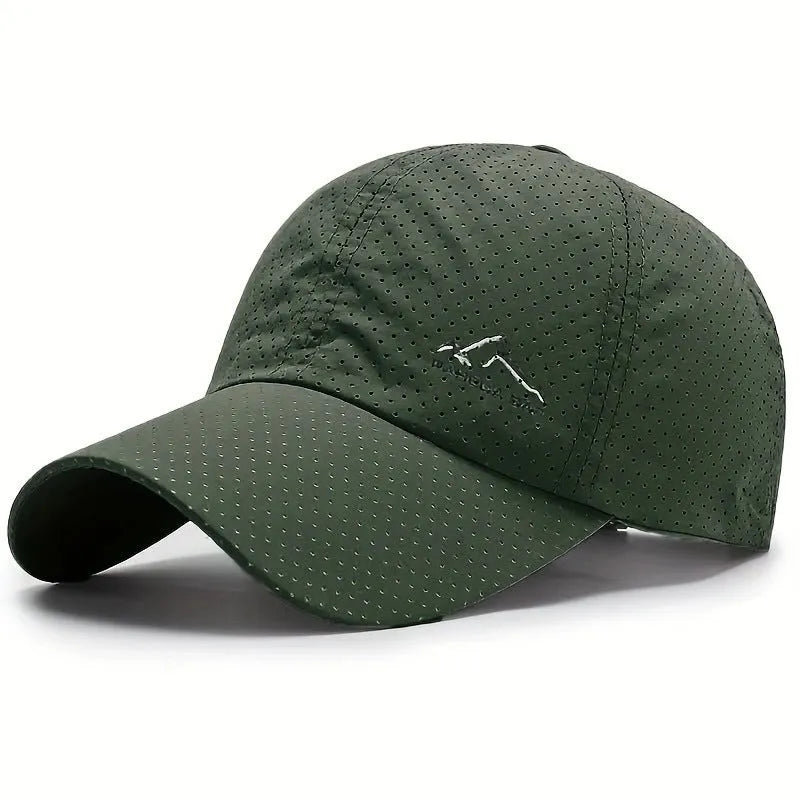 Adjustable polyester baseball cap in Army Green colour with breathable hollow design on a white background.
