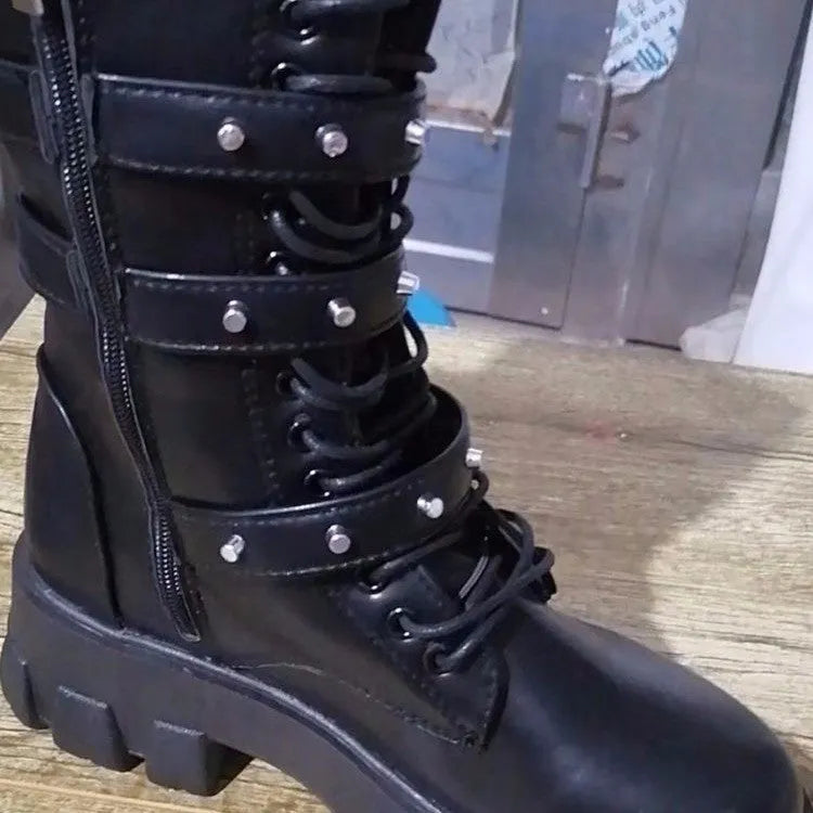Women's black mid-calf knight boots with metal buckles and side zipper