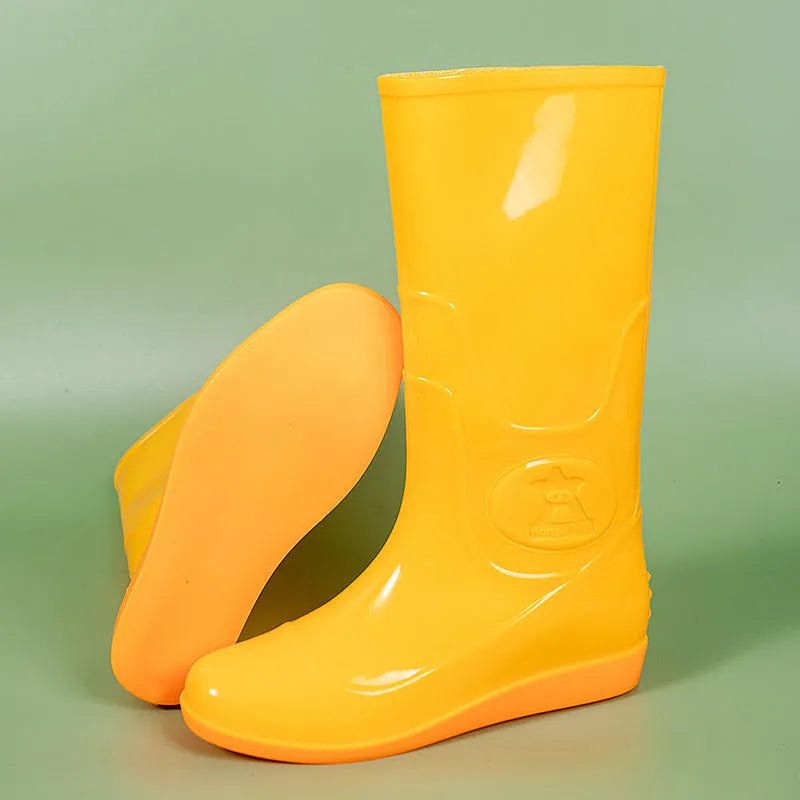 Flat washable rain boots for men white yellow plastic labour protection waterproof high cylinder round toe