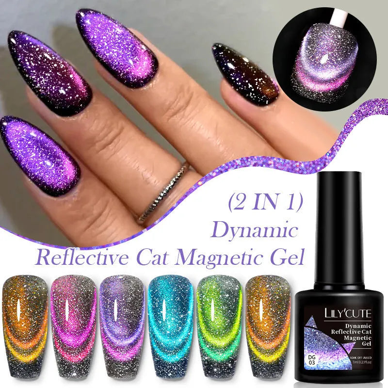 Cat eye series gel nail polish bottles showing six colour variations with diamond glitter fragments