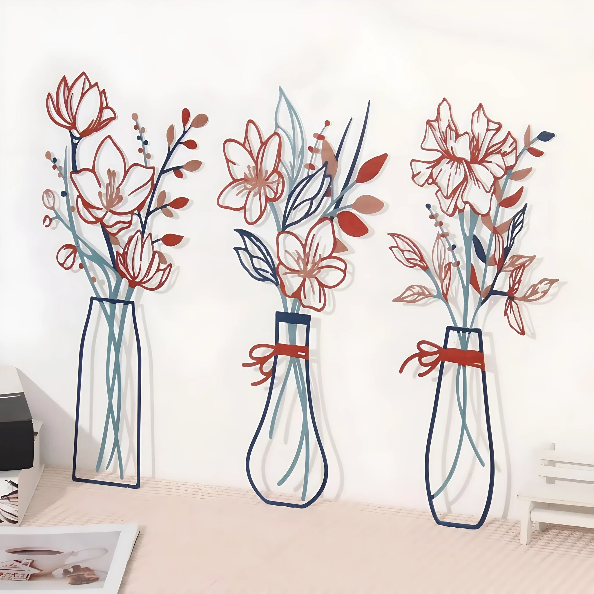 Three-piece metal flowers wall art set in alloy with farmhouse country design
