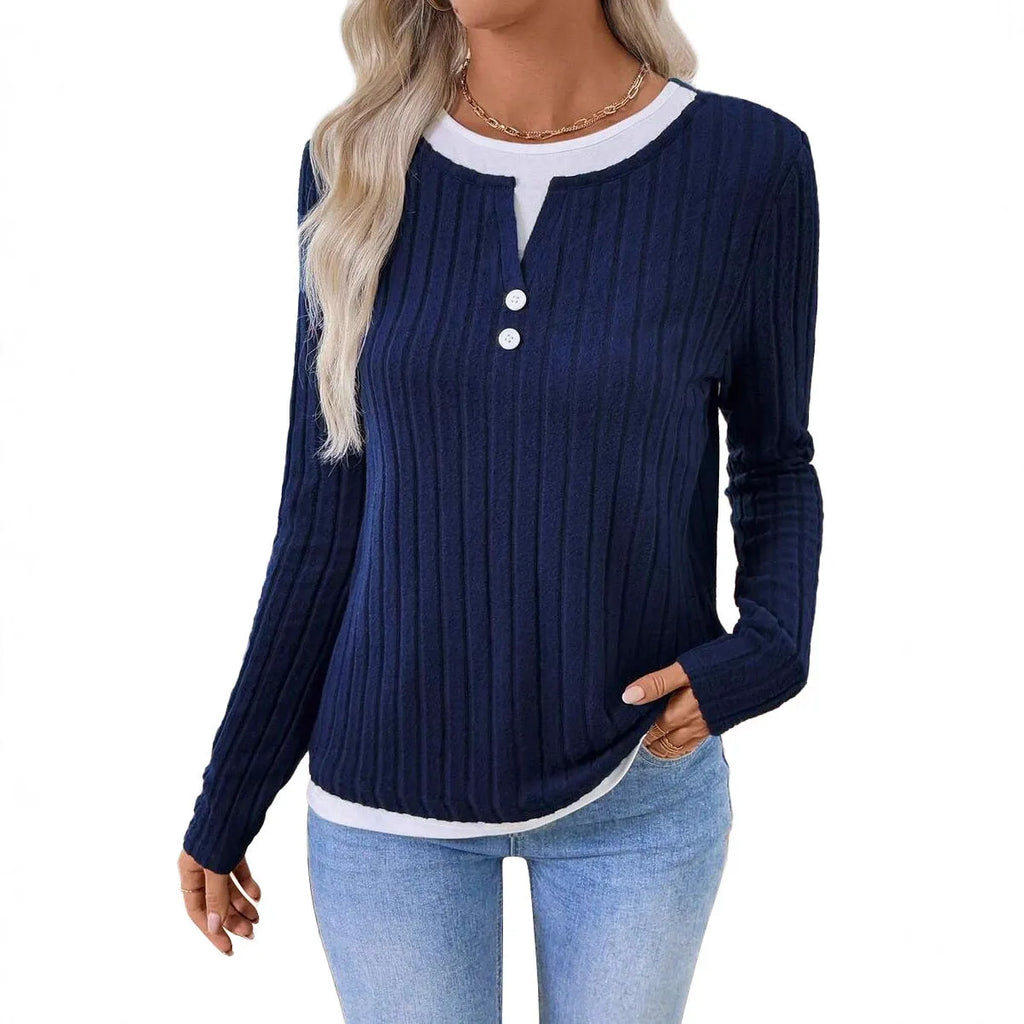Women's fake two-piece pullover sweater with round neck and button detail in concave stripe polyester