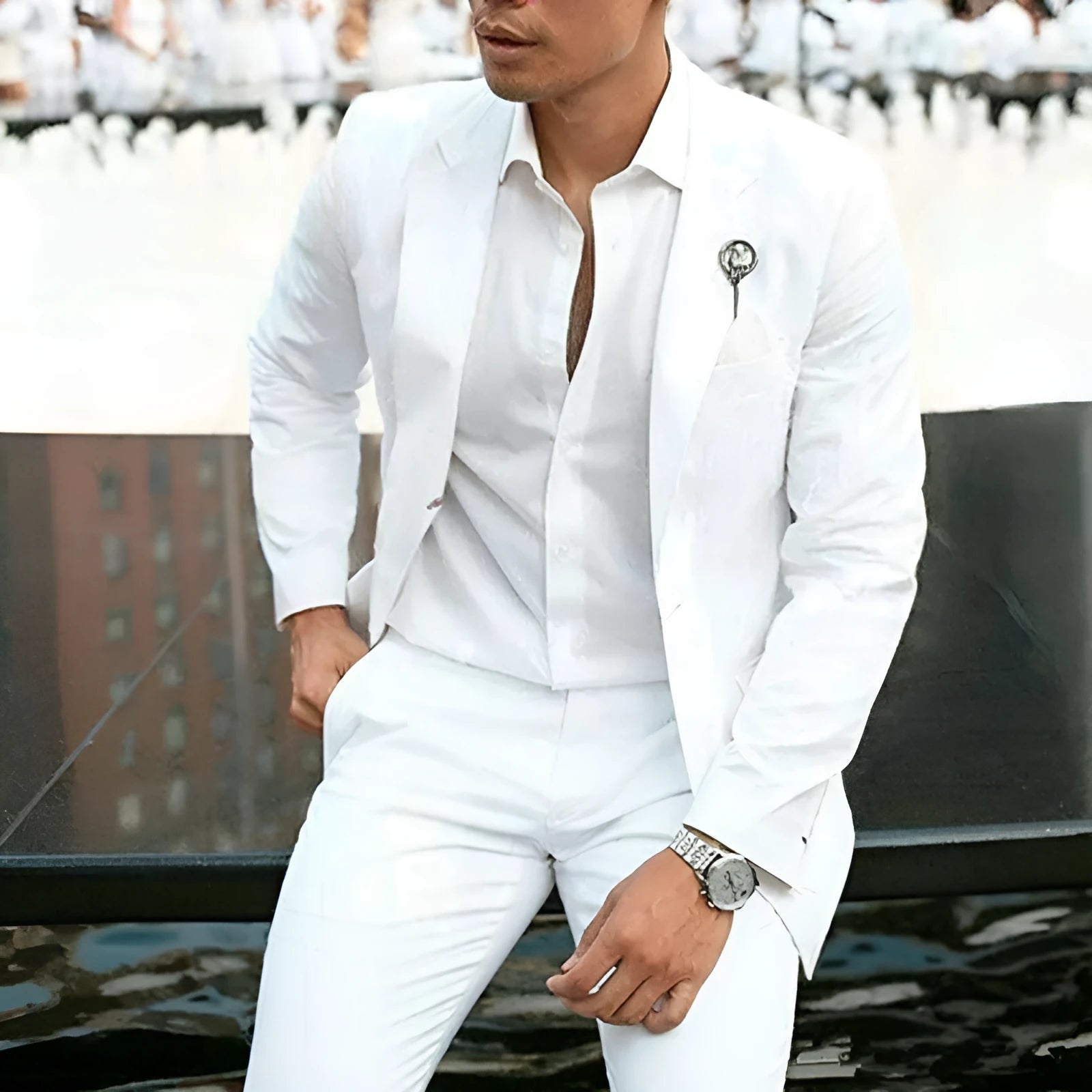 Men's white slim fit two-piece wedding suit in cotton blend fabric