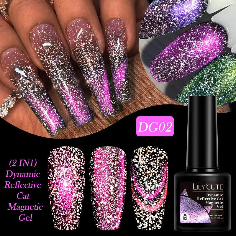 Cat eye series gel nail polish bottles showing six colour variations with diamond glitter fragments