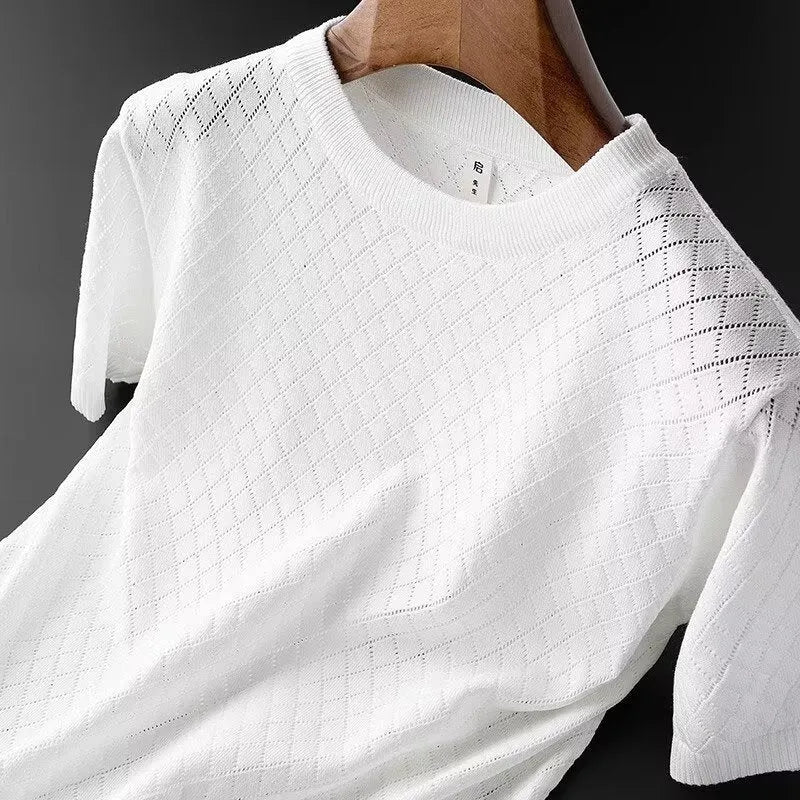 Men's ice silk cut-out T-shirt in black with V-neck design and short sleeves