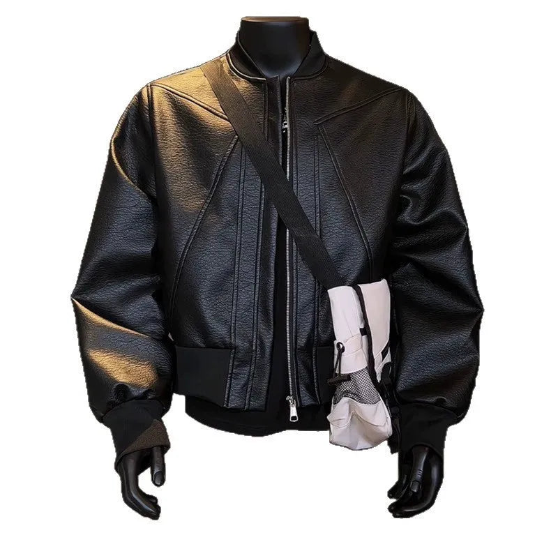 Men's black PU litchi leather jacket with extended 100cm length and tight light business fit