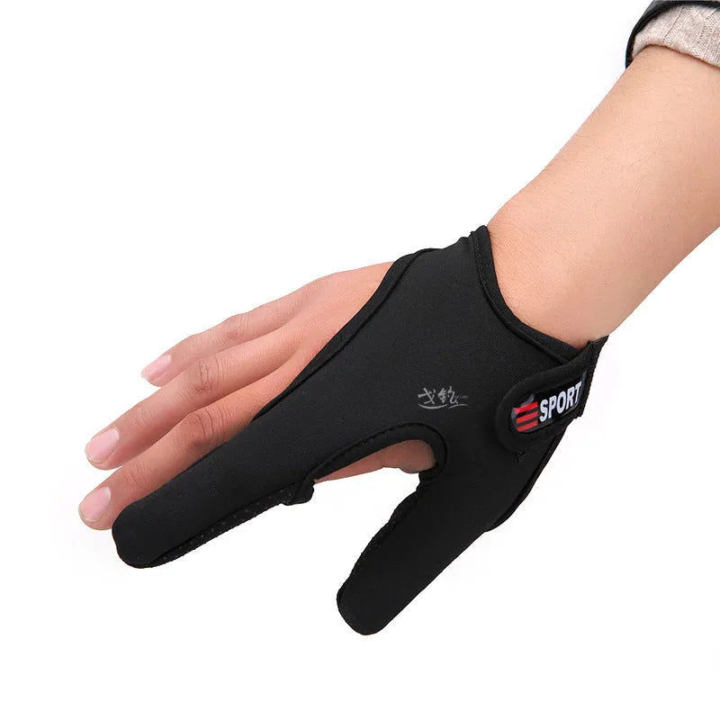 Two-finger fishing glove showing diving cloth back and microfiber palm, available in multiple colour options