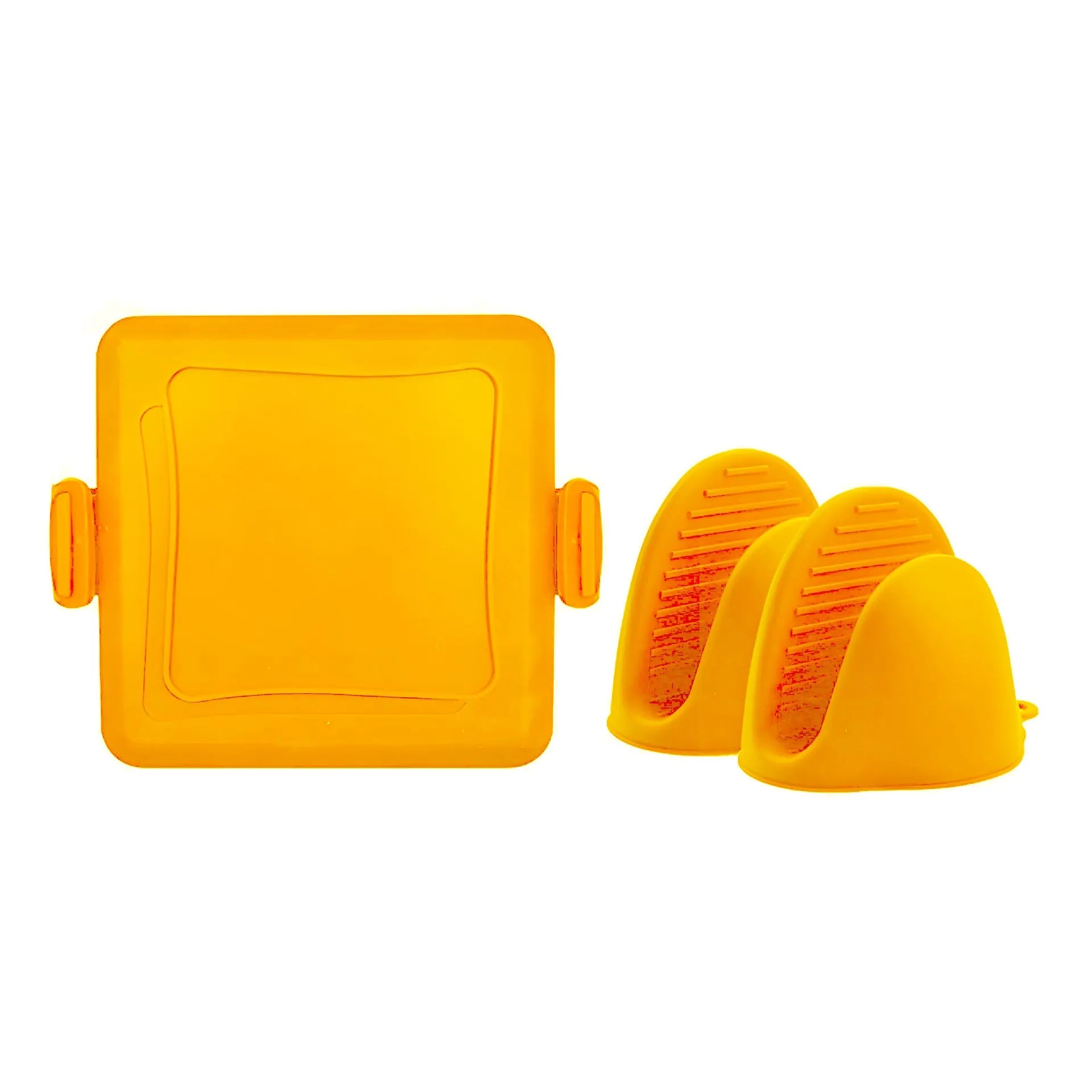 Red silicone baking tray and oven gloves set on a kitchen counter.