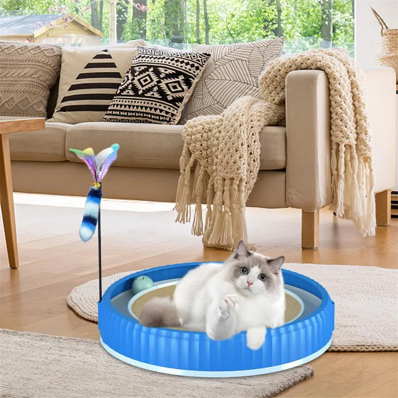 Round cat scratching board with replaceable corrugated paper pad, PP rim, and blue bell ball track