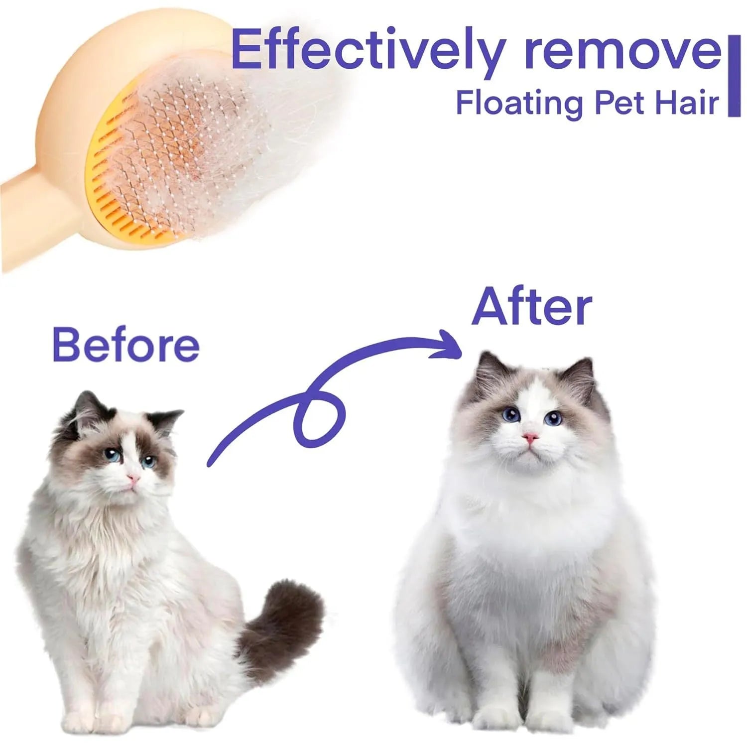 Blue pet grooming brush with self-cleaning button and angled metal pins for cats and dogs