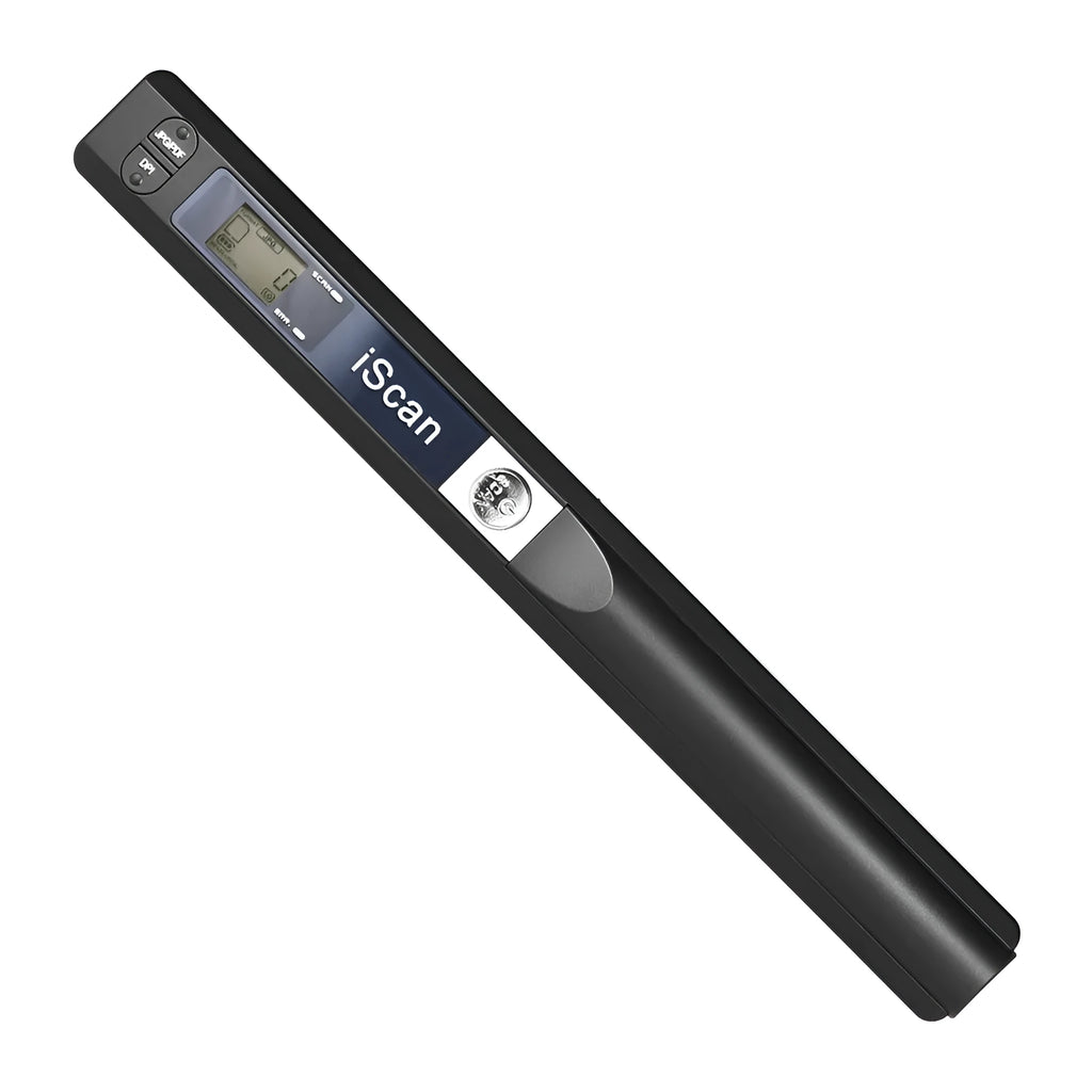 A handheld plastic barcode scanner shown in five colour options: black, blue, green, red, and silver.