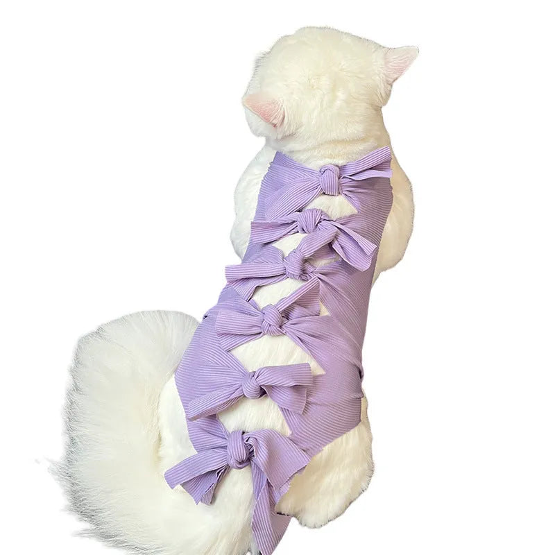 Lace-up cat sterilisation recovery clothing in polyester, shown in various colours and sizes.