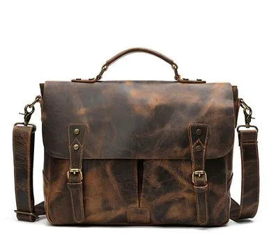 Leather portable mens briefcase satchel in light brown with soft handle and horizontal shape