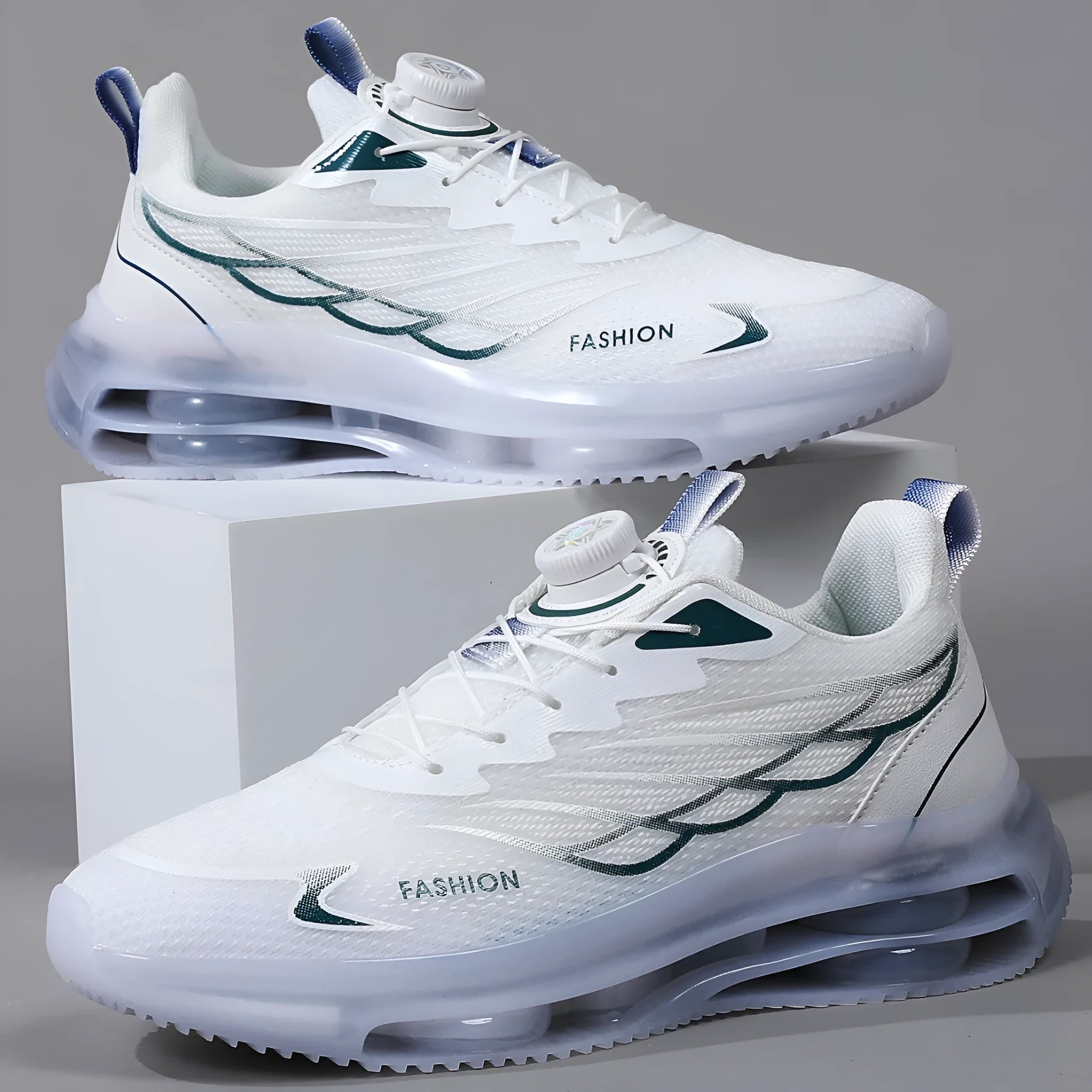 White Korean-style men's casual running shoes with mesh upper and rubber sole on size 39-45 display
