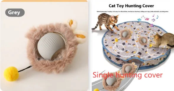 Silicone self-moving rolling ball cat toy in green, red, and grey colour options.