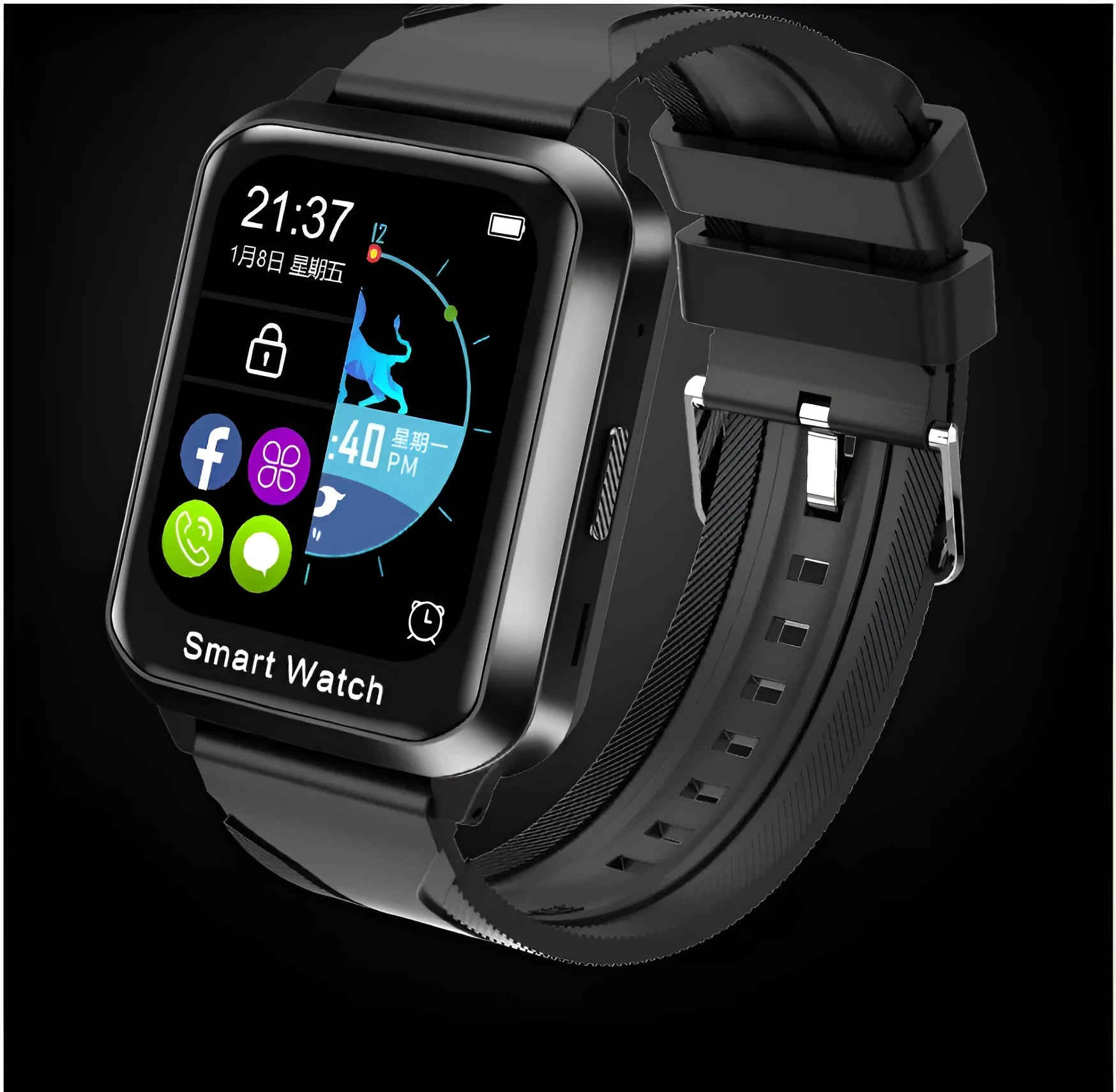 A black smart bracelet with a colour touchscreen displaying a split-screen interface, on a silicone wrist strap.