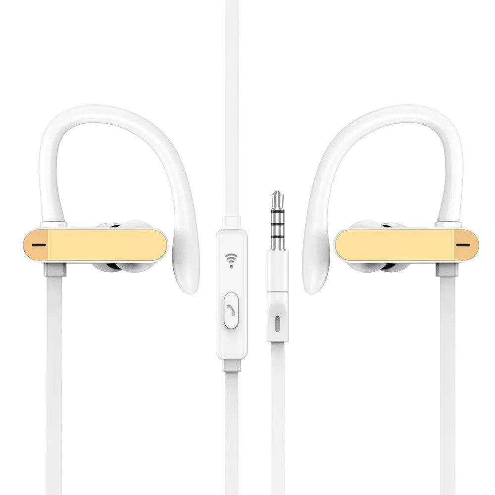 Black and blue sports earphones with flexible ear hooks and silicone gel earbuds for running and gym.