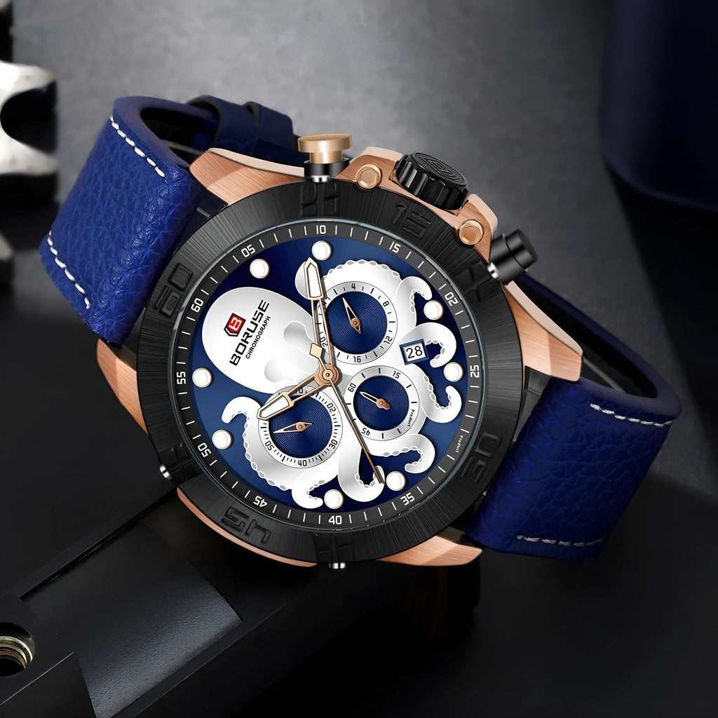 Octopus men's luminous quartz watch with waterproof casual design, blue or black surface