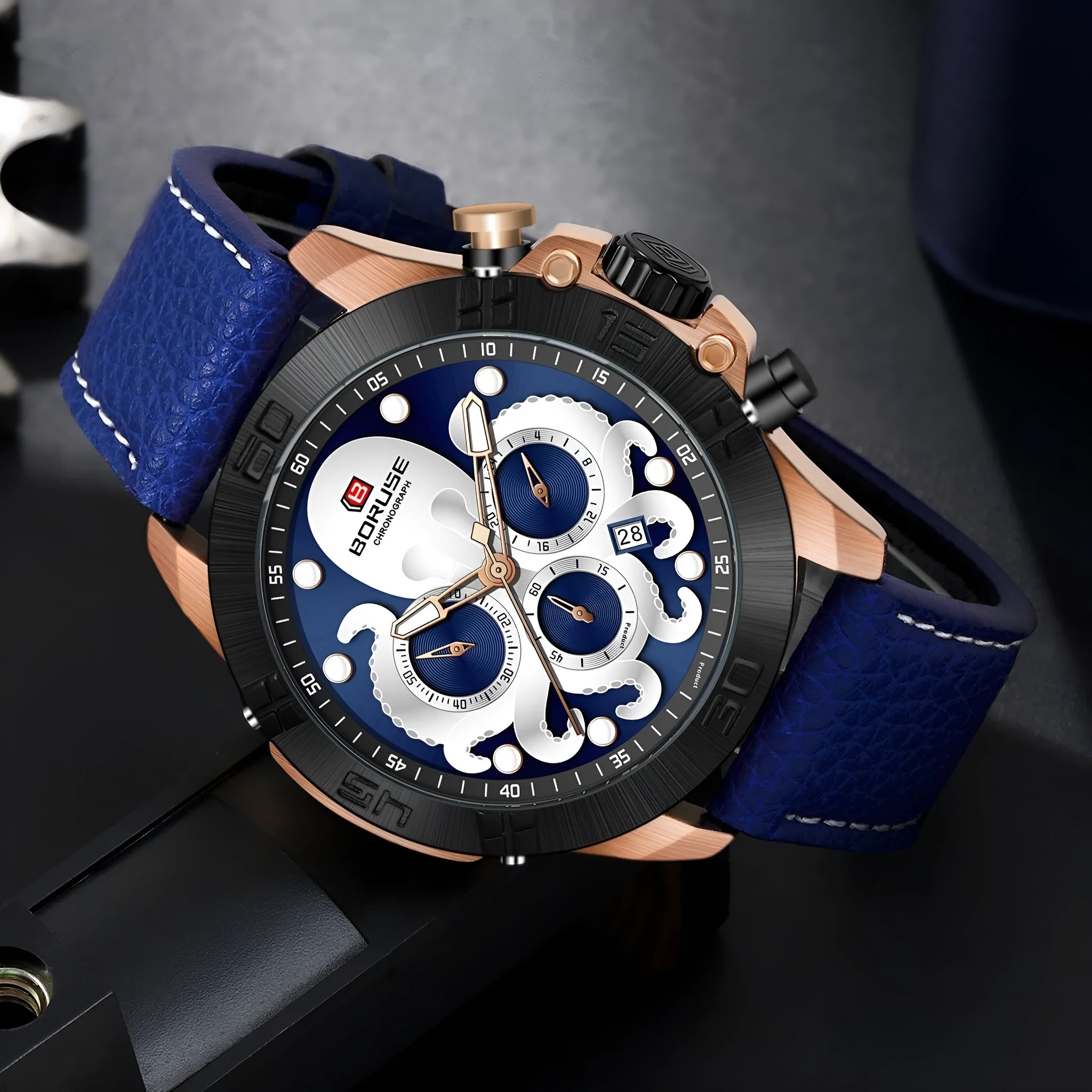 Octopus men's luminous quartz watch with waterproof casual design, blue or black surface