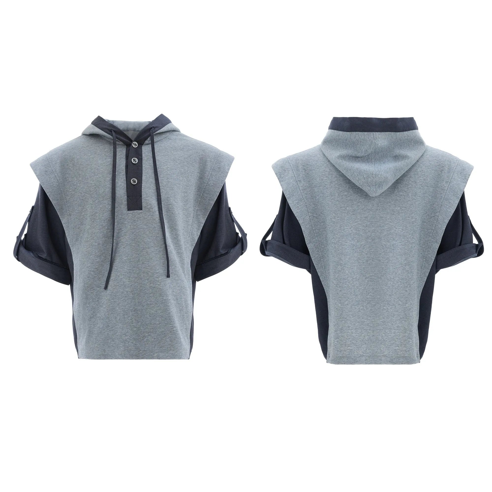 Men's black heavy industry style hooded jacket with three-dimensional stitching and matching grey joggers.