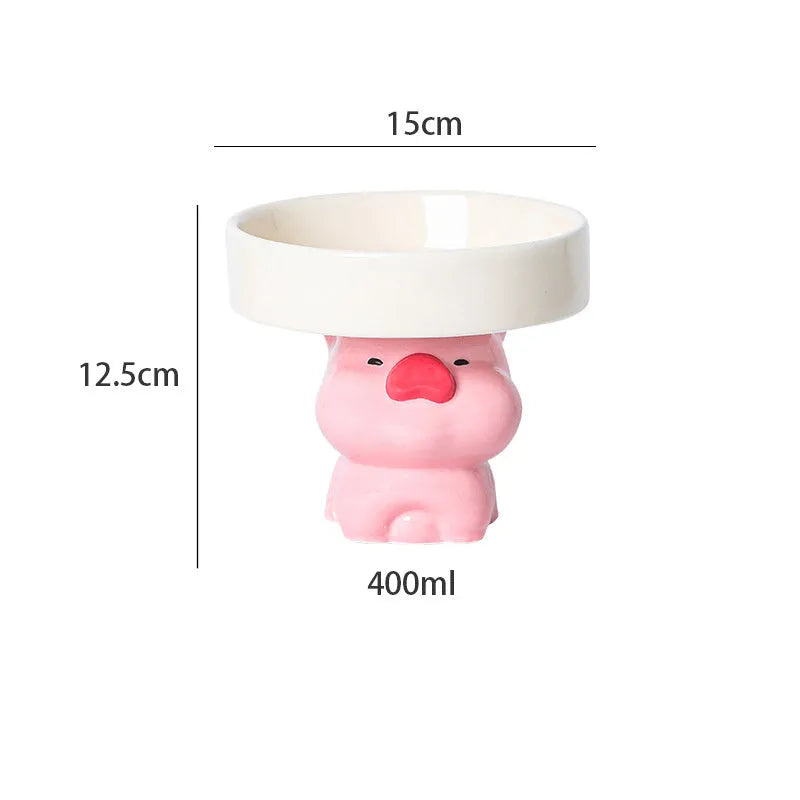 Raised ceramic cat bowl in animal design, showing elevated feeder stand and wide food bowl opening.