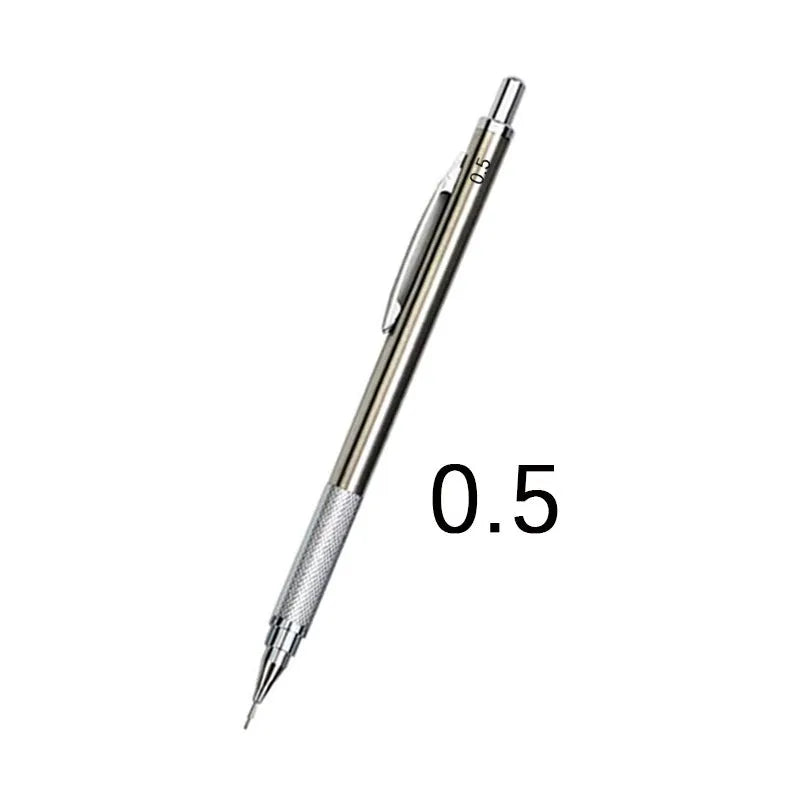 Metal automatic mechanical pencil compatible with five sizes of 2B lead refills.