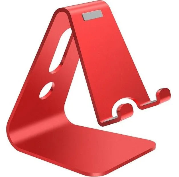 Metal aluminium alloy phone stand holding a mobile phone, available in black, red, rose gold, and silver colours
