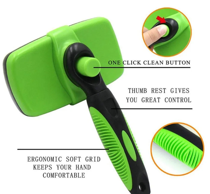 Pet self-cleaning slicker brush with stainless steel needles and TPR handle, green colour