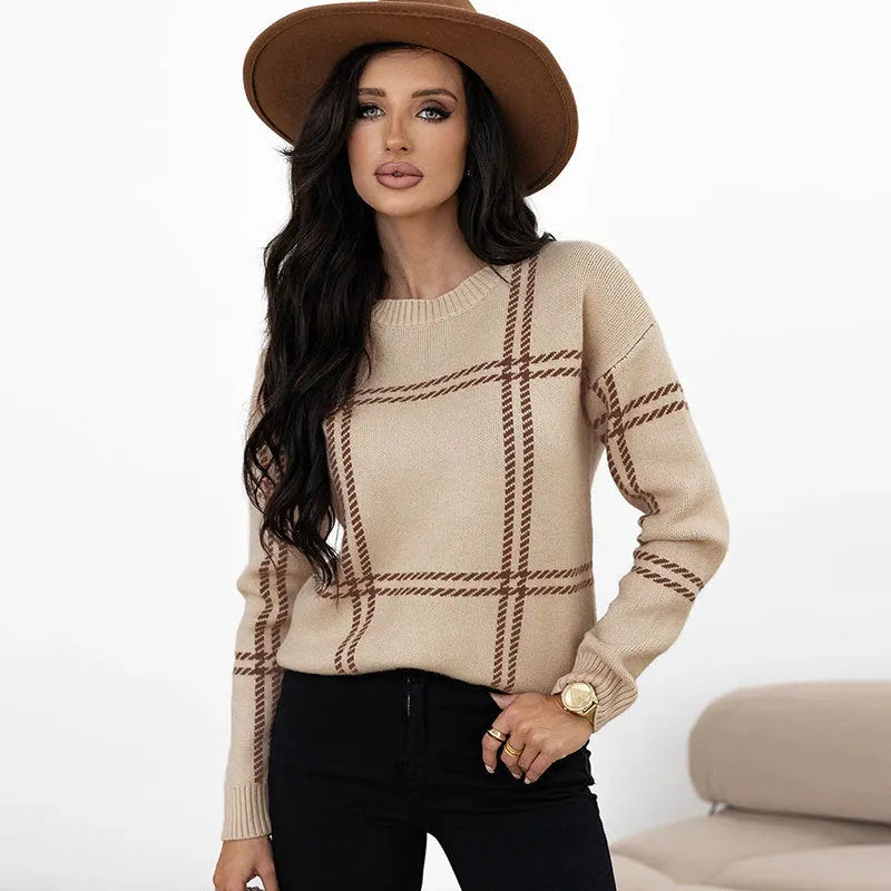 Women's plaid colour-block crew neck acrylic sweater in loose fit style
