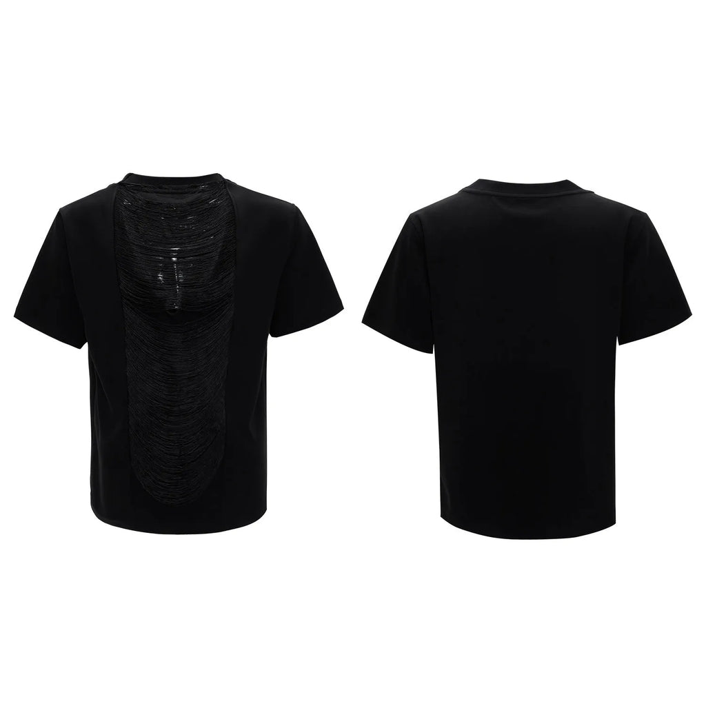 Men's black loose-fit polyester t-shirt with hollow-out V-neck collar and short sleeves