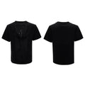 Men's black loose-fit polyester t-shirt with hollow-out V-neck collar and short sleeves