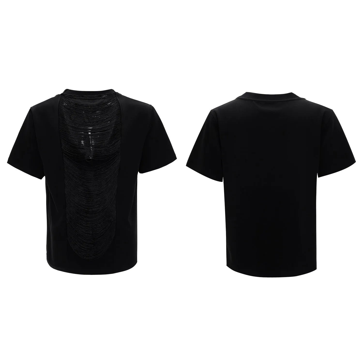 Men's black loose-fit polyester t-shirt with hollow-out V-neck collar and short sleeves