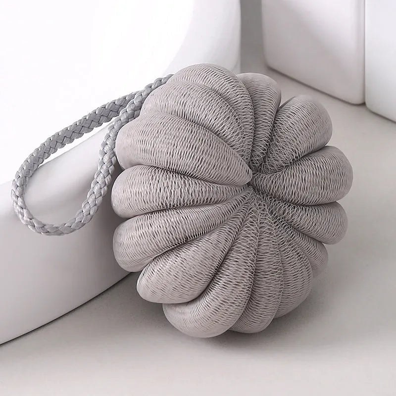 Japanese style 50g bath flower ball in beige with fine mesh and flexible foam, 10cm pumpkin shape