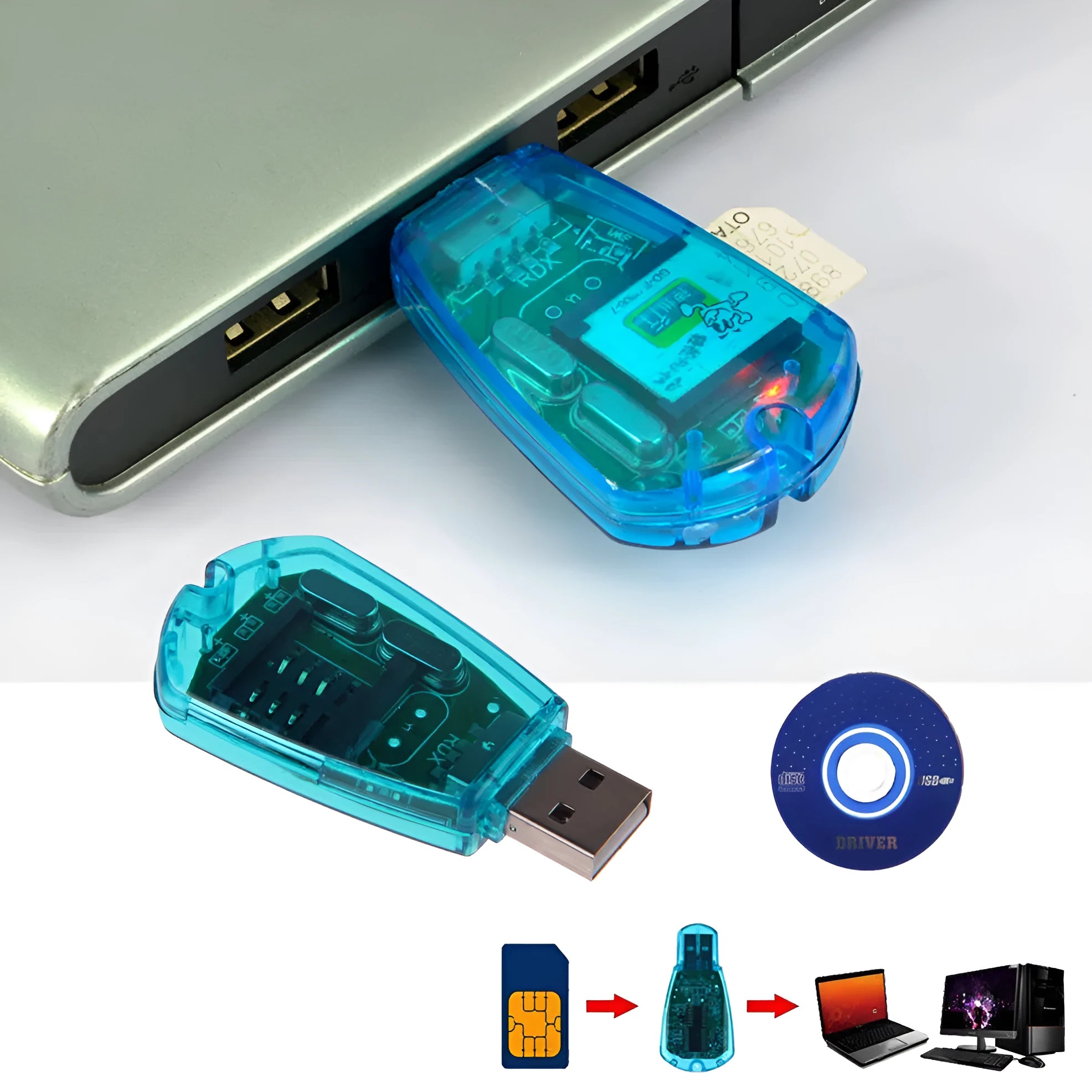 Blue coloured USB SIM card reader for mobile phone data transfer and backup.