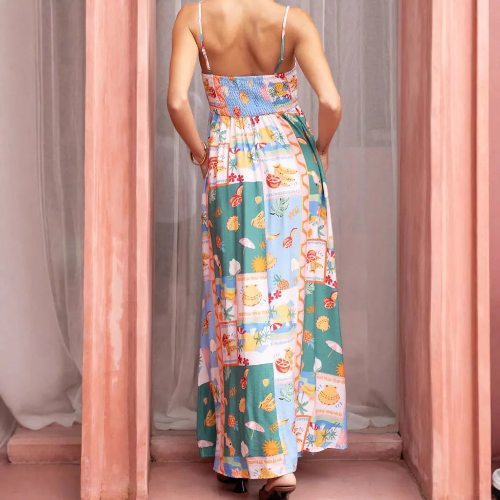 Women's green printed sleeveless flared strap long dress with pockets, polyester fabric