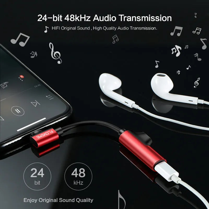 Lightning audio charging adapter in anodised aluminium alloy, 5V1A, black, with dual Lightning ports for charging and earphones
