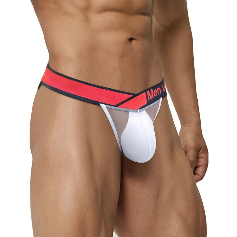 Men's black ice silk nylon briefs with low waist and V-gradient high fork design on a white background.