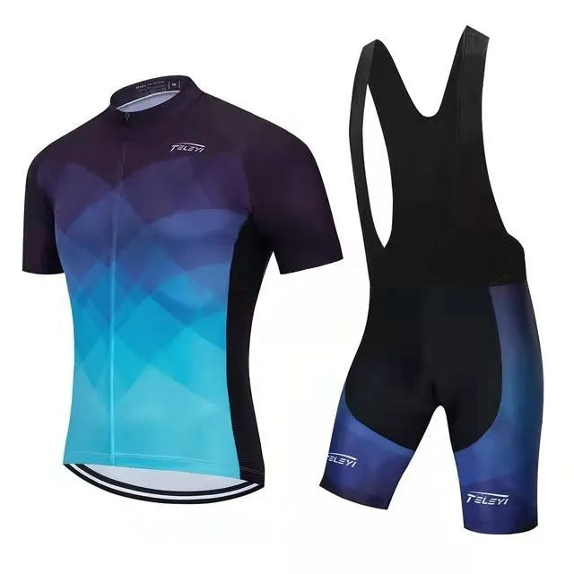Cycling jersey set comprising a moisture-wicking top and pants for summer biking.
