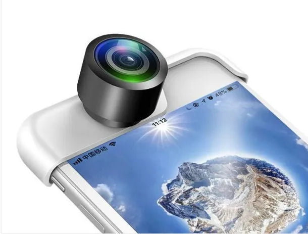 Panoramic camera lens attached to an Apple iPhone for taking 360-degree photos