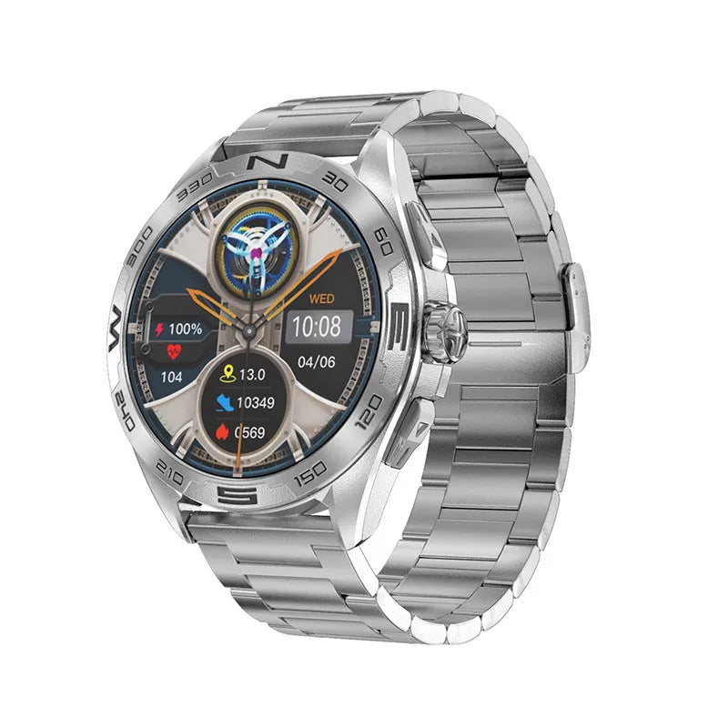 Smart watch with health monitoring display showing blood pressure, heart rate and WhatsApp message reply function