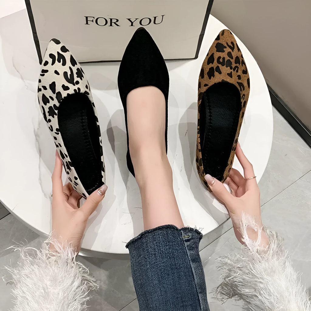 Women's leopard print flat pumps with pointed toe and low heel in three colour options
