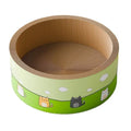 A large round corrugated paper cat scratcher board with deep pits next to an oval-shaped version.