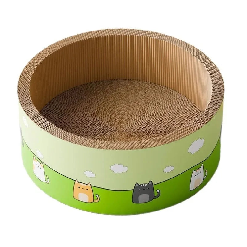 A large round corrugated paper cat scratcher board with deep pits next to an oval-shaped version.