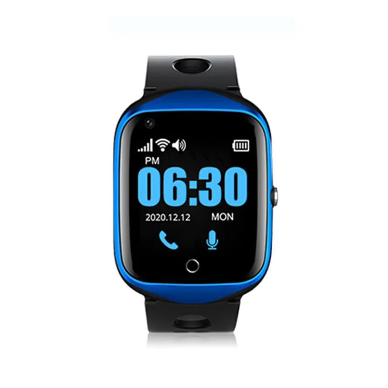 Elderly smartwatch with square 1.3-inch screen and silicone strap shown in black colour