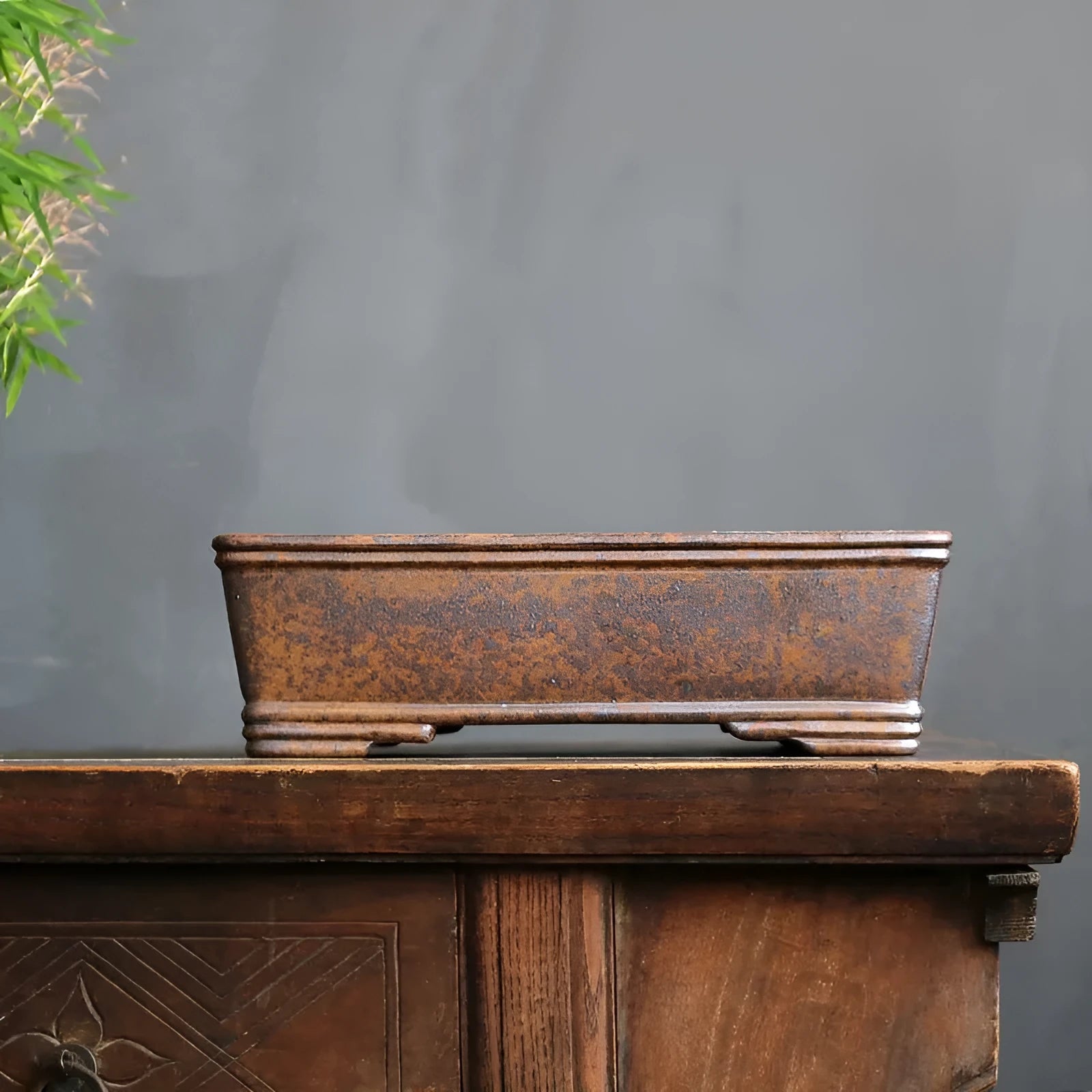 Purple sand rectangular bonsai planter for pine or boxwood trees, shown in large and small size options.