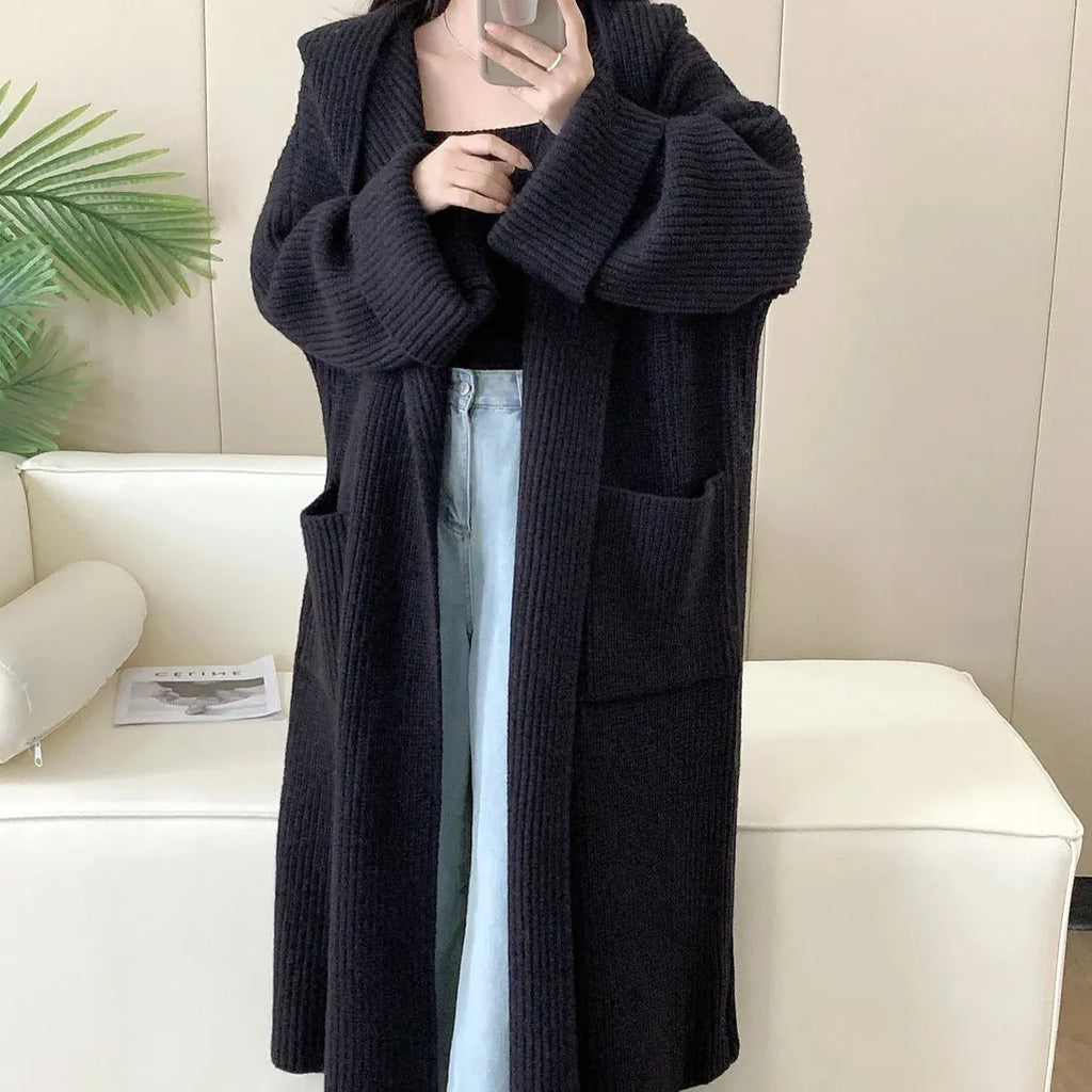 Loose hooded sweatshirt cardigan coat with raglan sleeves in acrylic fibre