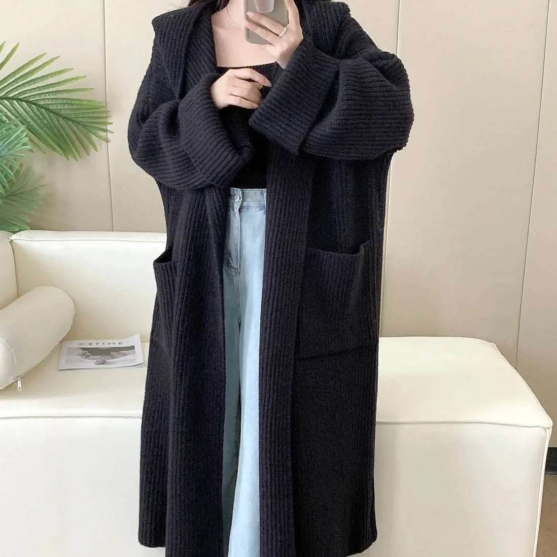Loose hooded sweatshirt cardigan coat with raglan sleeves in acrylic fibre